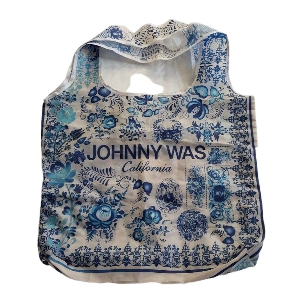 Johnny Was Floral Print Reusable Polyester Tote Bag Blue White California Womens